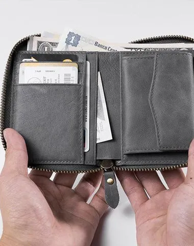 Cool Leather Mens Slim Leather Small Wallet Zipper billfold Wallets Bifold for Men