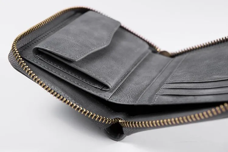 Cool Leather Mens Slim Leather Small Wallet Zipper billfold Wallets Bifold for Men