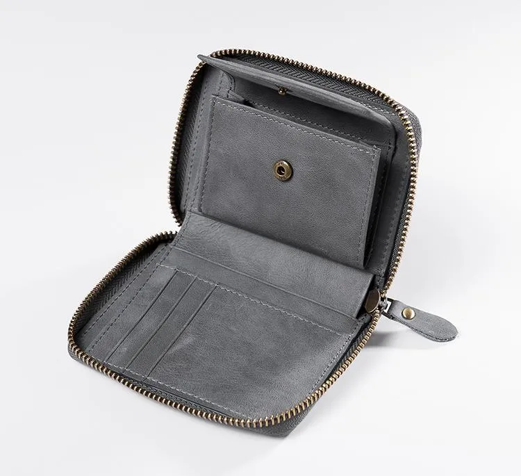 Cool Leather Mens Slim Leather Small Wallet Zipper billfold Wallets Bifold for Men