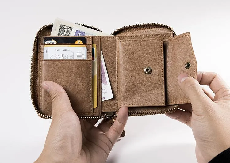 Cool Leather Mens Slim Leather Small Wallet Zipper billfold Wallets Bifold for Men
