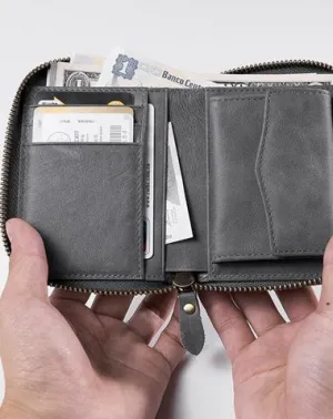 Cool Leather Mens Slim Leather Small Wallet Zipper billfold Wallets Bifold for Men