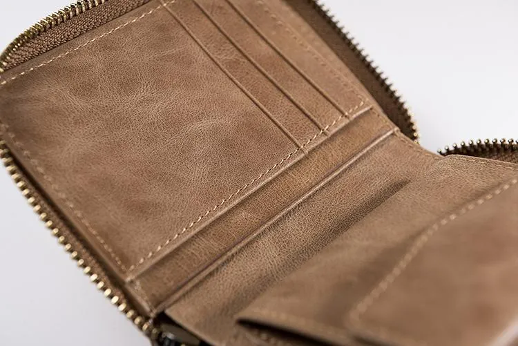Cool Leather Mens Slim Leather Small Wallet Zipper billfold Wallets Bifold for Men