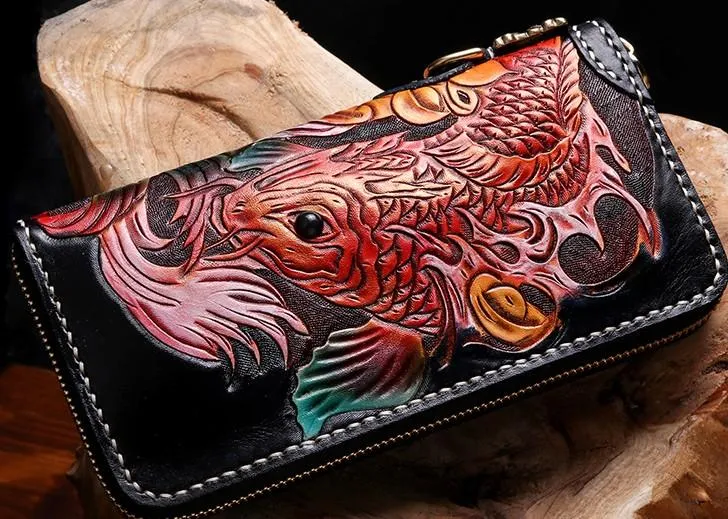 Cool Leather Tooled Carp Mens Biker Chain Wallets Long Leather Biker Wallet With Chain Wallets for Men