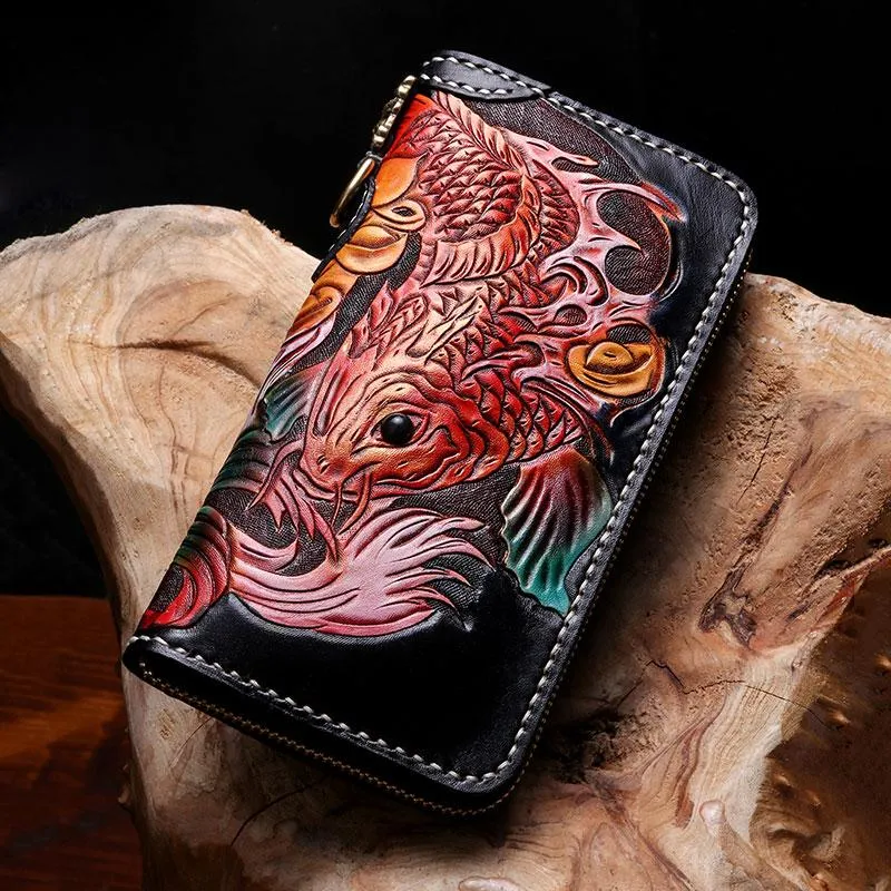 Cool Leather Tooled Carp Mens Biker Chain Wallets Long Leather Biker Wallet With Chain Wallets for Men