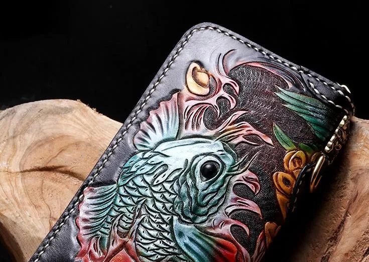 Cool Leather Tooled Carp Mens Biker Chain Wallets Long Leather Biker Wallet With Chain Wallets for Men