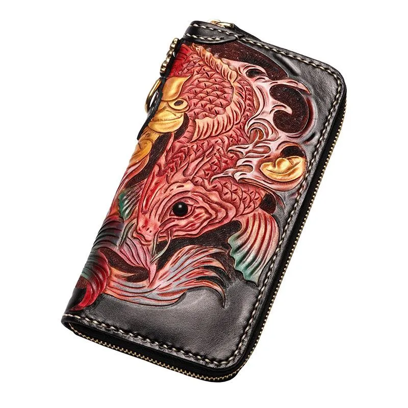Cool Leather Tooled Carp Mens Biker Chain Wallets Long Leather Biker Wallet With Chain Wallets for Men