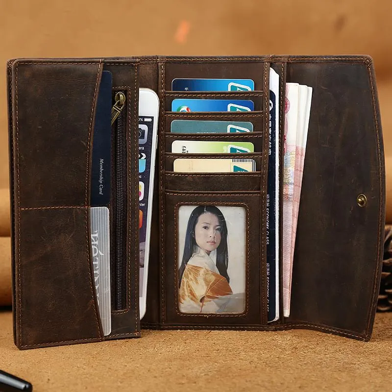 Cool Leather Wallet Men's Trifold Long Wallet Vintage Long Wallet For Men
