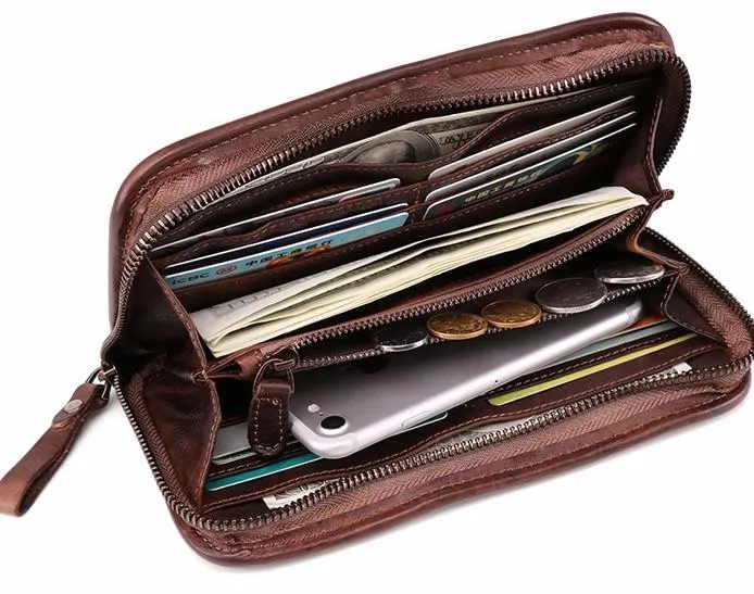 COOL MENS LEATHER ZIPPER LONG CLUTCH WALLETs ZIPPER VINTAGE LONG WALLET FOR MEN