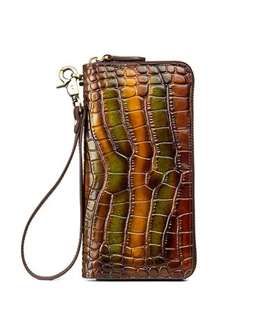 Crocodile Pattern Leather Wristlet Wallet Womens Zip Around Wallets CONTRAST COLOR Ladies Zipper Clutch Wallets for Women