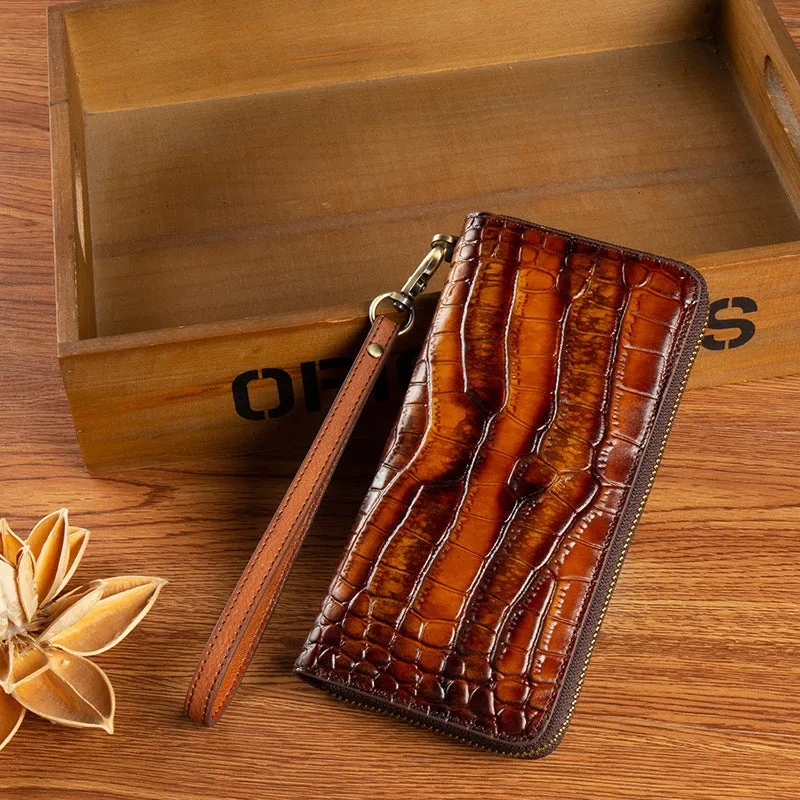 Crocodile Pattern Leather Wristlet Wallet Womens Zip Around Wallets CONTRAST COLOR Ladies Zipper Clutch Wallets for Women