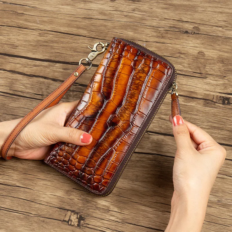 Crocodile Pattern Leather Wristlet Wallet Womens Zip Around Wallets CONTRAST COLOR Ladies Zipper Clutch Wallets for Women