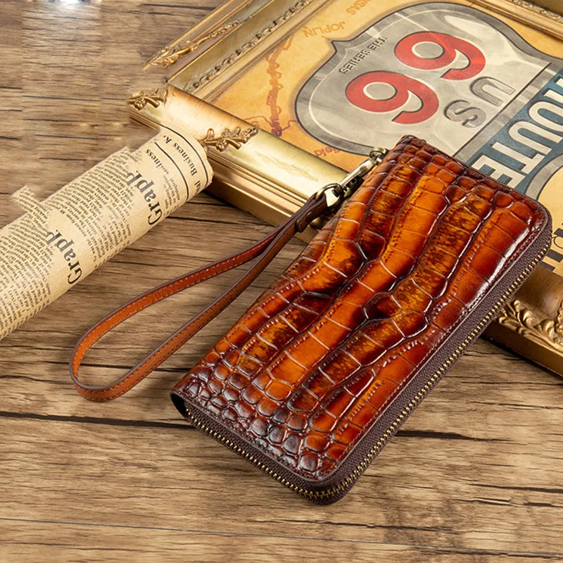 Crocodile Pattern Leather Wristlet Wallet Womens Zip Around Wallets CONTRAST COLOR Ladies Zipper Clutch Wallets for Women