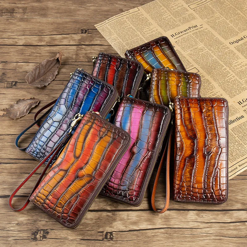 Crocodile Pattern Leather Wristlet Wallet Womens Zip Around Wallets CONTRAST COLOR Ladies Zipper Clutch Wallets for Women
