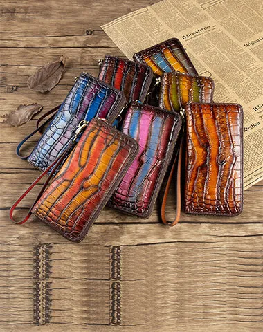 Crocodile Pattern Yellow&Blue Leather Wristlet Wallet Womens Zip Around Wallets CONTRAST COLOR Ladies Zipper Clutch Wallets for Women