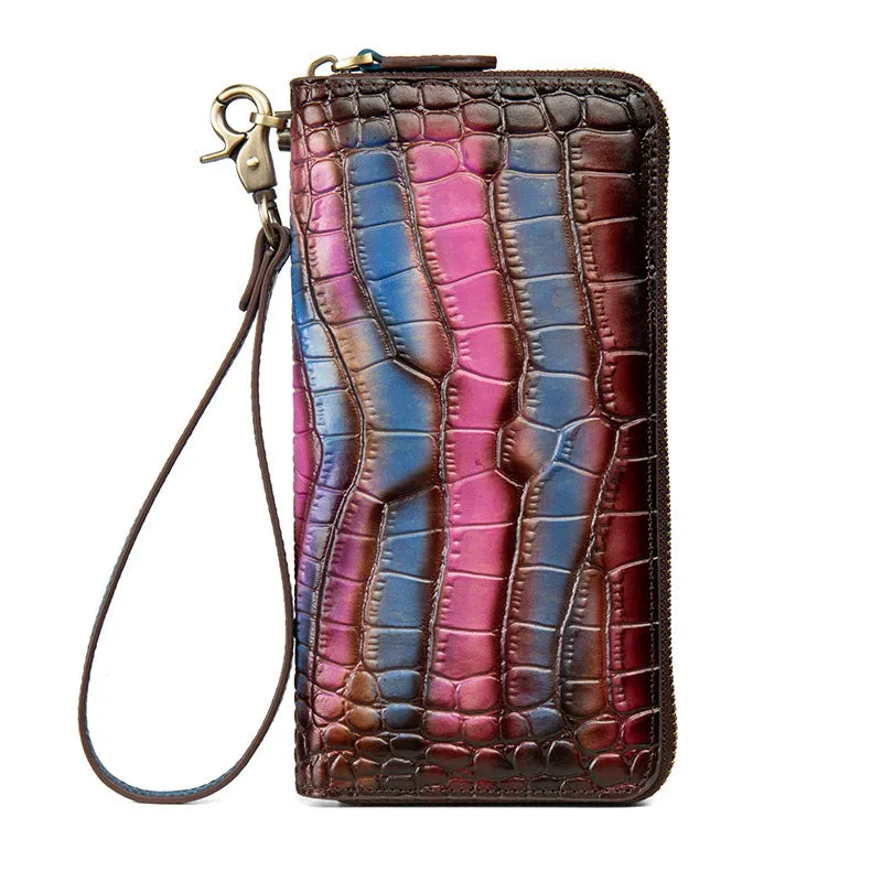 Crocodile Pattern Yellow&Blue Leather Wristlet Wallet Womens Zip Around Wallets CONTRAST COLOR Ladies Zipper Clutch Wallets for Women