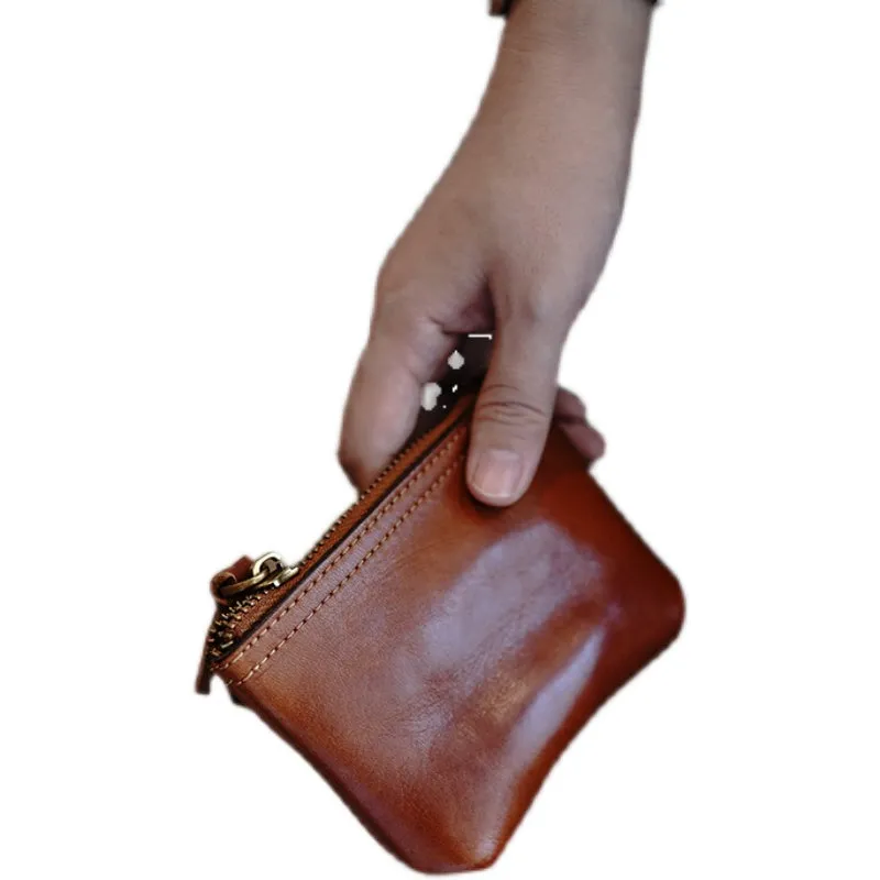 Cute Brown Leather Womens Zipper Wallet Classic Small Card Coin Wallet For Women