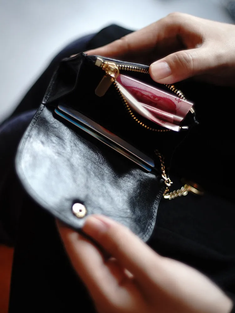Cute Women Black Leather Mini Wallet with Keychain Billfold Minimalist Coin Wallet Small Zip Change Wallet For Women
