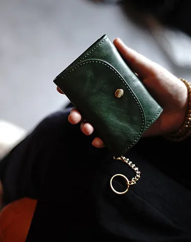 Cute Women Black Leather Mini Wallet with Keychain Billfold Minimalist Coin Wallet Small Zip Change Wallet For Women