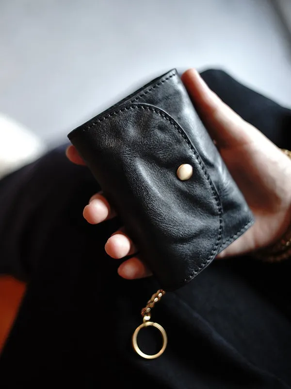 Cute Women Black Leather Mini Wallet with Keychain Billfold Minimalist Coin Wallet Small Zip Change Wallet For Women