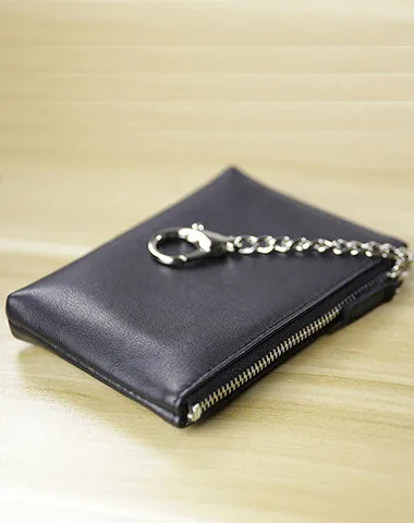 Cute Women Black Leather Mini Zip Billfold Wallet with Keychain Coin Wallet Small Zip Change Wallet For Women