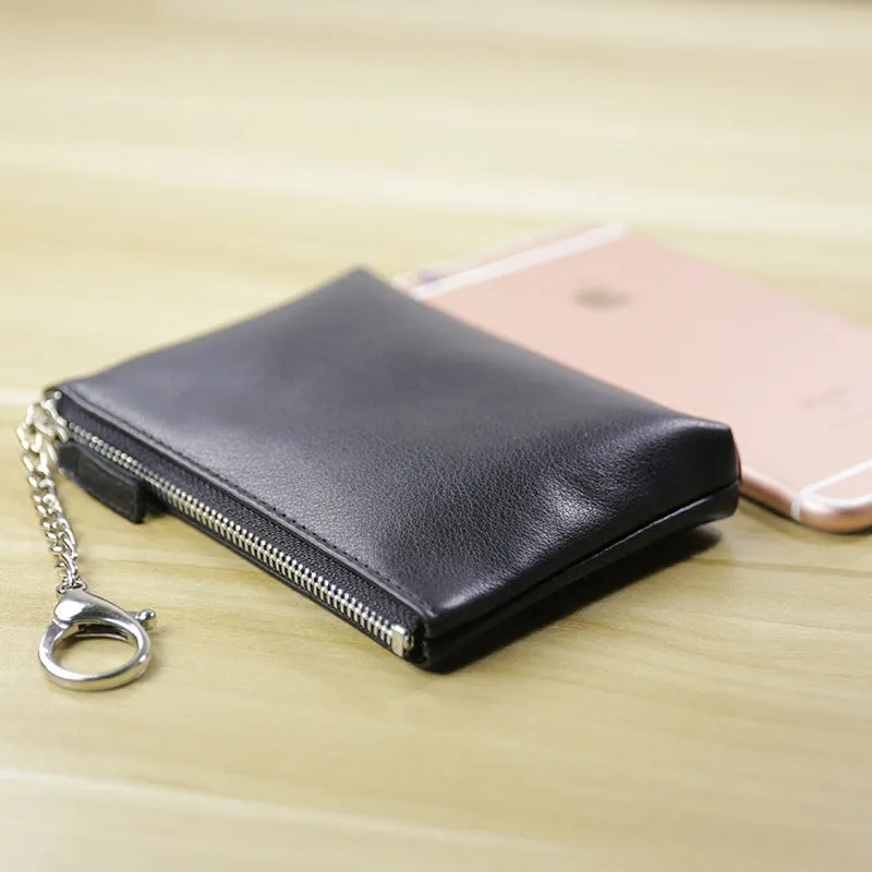 Cute Women Black Leather Mini Zip Billfold Wallet with Keychain Coin Wallet Small Zip Change Wallet For Women