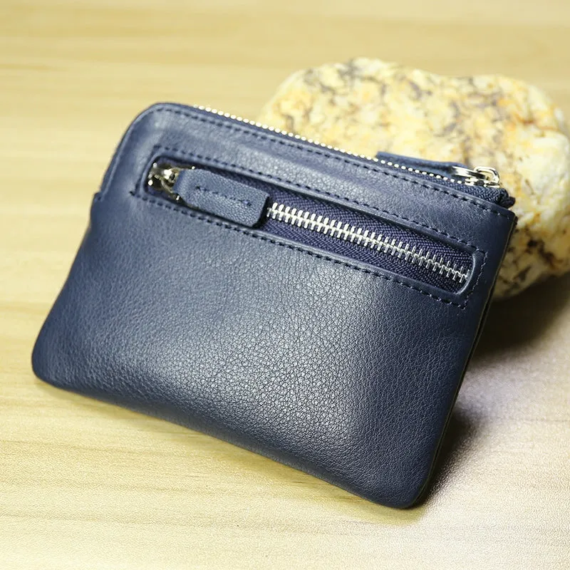 Cute Women Black Leather Mini Zip Billfold Wallet with Keychain Navy Coin Wallet Small Zip Change Wallet For Women