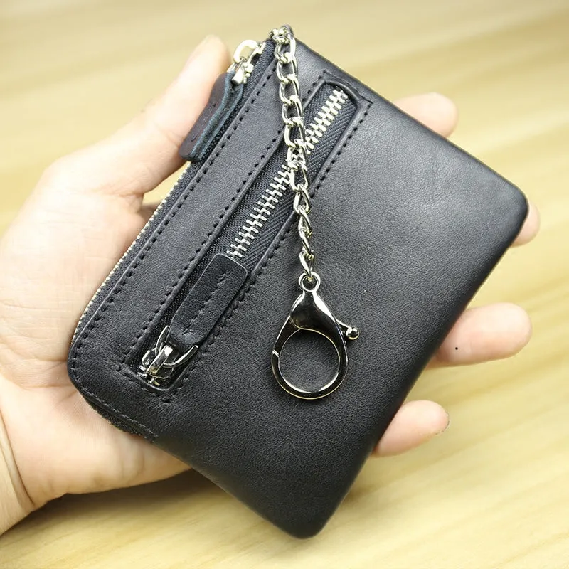 Cute Women Black Leather Mini Zip Billfold Wallet with Keychain Navy Coin Wallet Small Zip Change Wallet For Women