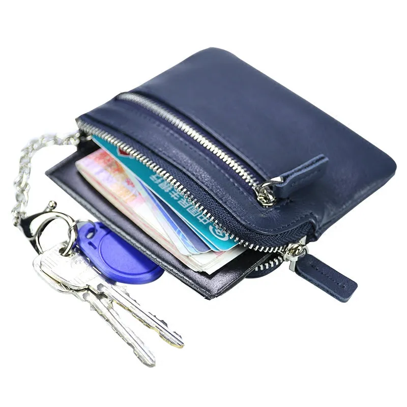 Cute Women Black Leather Mini Zip Billfold Wallet with Keychain Navy Coin Wallet Small Zip Change Wallet For Women