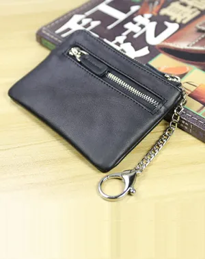 Cute Women Black Leather Mini Zip Billfold Wallet with Keychain Navy Coin Wallet Small Zip Change Wallet For Women