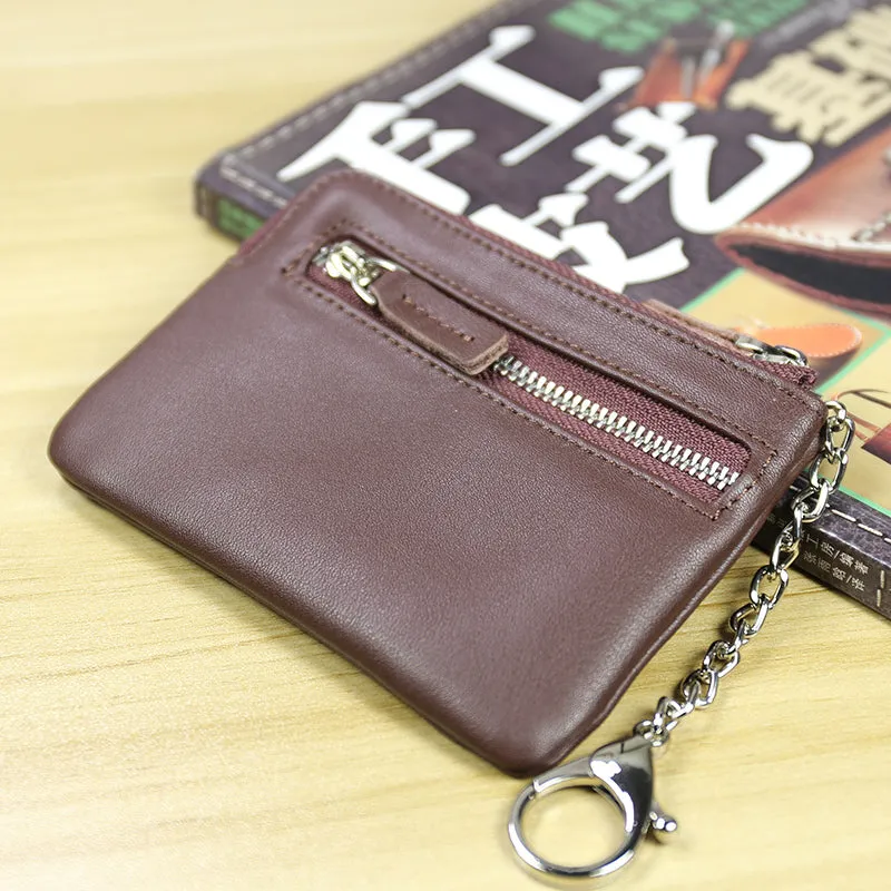 Cute Women Black Leather Mini Zip Billfold Wallet with Keychain Navy Coin Wallet Small Zip Change Wallet For Women