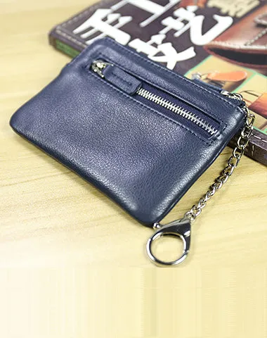 Cute Women Black Leather Mini Zip Billfold Wallet with Keychain Navy Coin Wallet Small Zip Change Wallet For Women