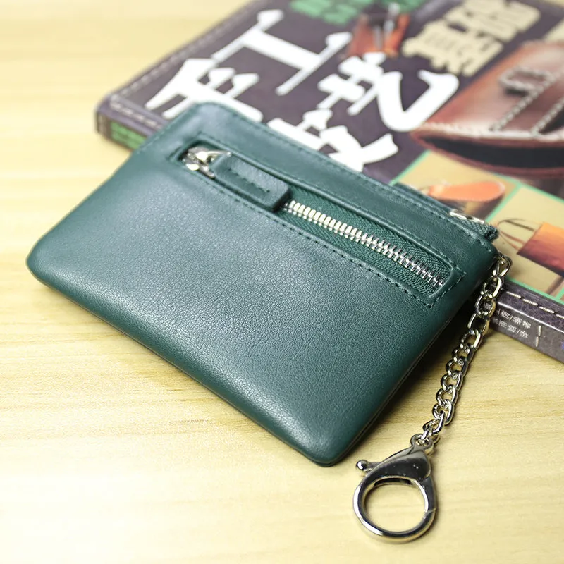 Cute Women Black Leather Mini Zip Billfold Wallet with Keychain Navy Coin Wallet Small Zip Change Wallet For Women