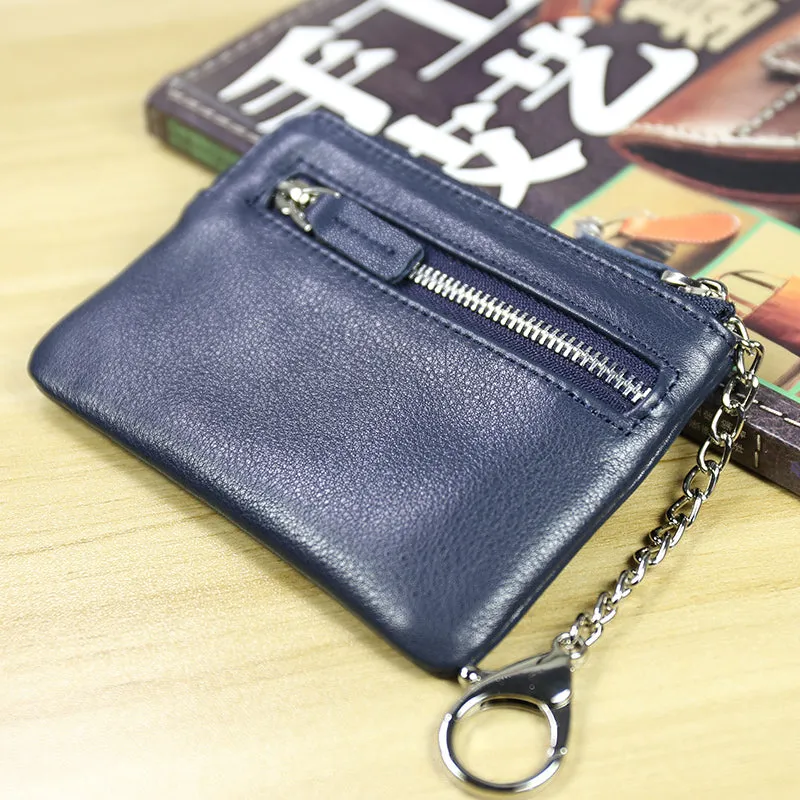 Cute Women Black Leather Mini Zip Billfold Wallet with Keychain Navy Coin Wallet Small Zip Change Wallet For Women