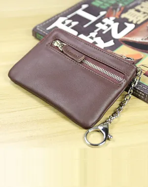 Cute Women Coffee Leather Mini Zip Billfold Wallet with Keychain Navy Coin Wallet Small Zip Change Wallet For Women