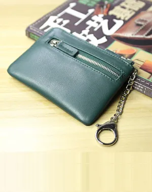 Cute Women Green Leather Mini Zip Billfold Wallet with Keychain Navy Coin Wallet Small Zip Change Wallet For Women