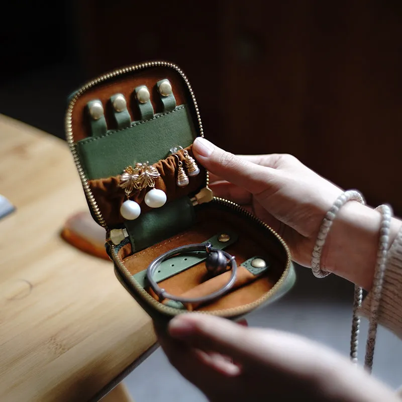 Cute Women Green Leather Small Jewelry Organizer Mini Jewelry Portable Jewelry Storage Box For Women