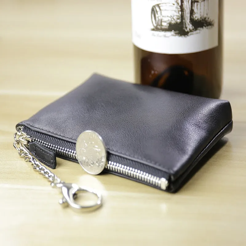 Cute Women Navy Leather Mini Zip Billfold Wallet with Keychain Coin Wallet Small Zip Change Wallet For Women