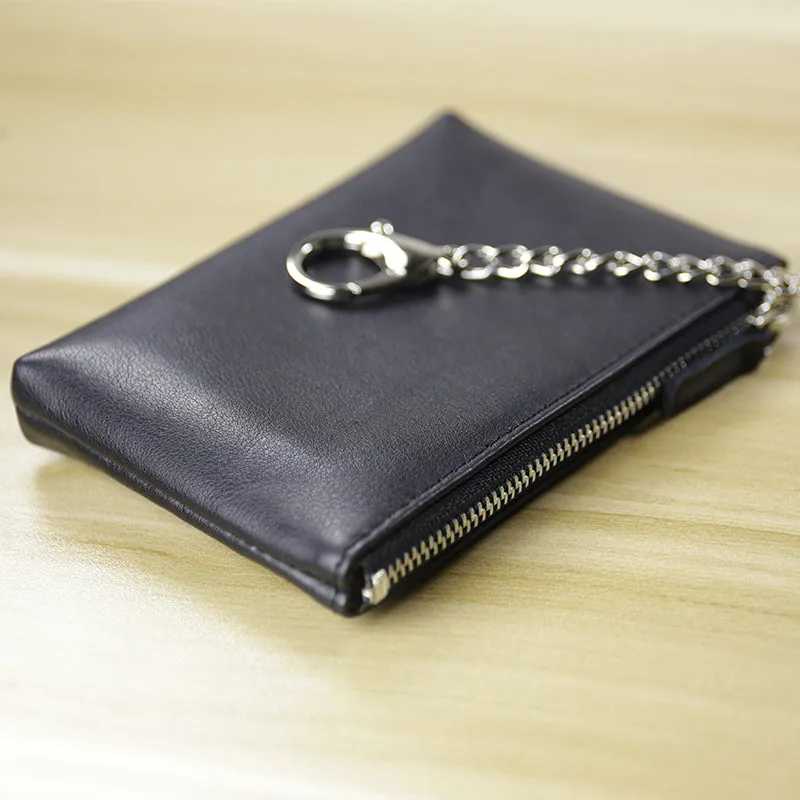 Cute Women Navy Leather Mini Zip Billfold Wallet with Keychain Coin Wallet Small Zip Change Wallet For Women