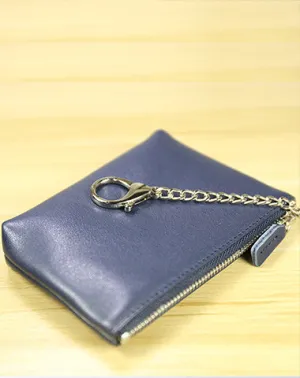 Cute Women Navy Leather Mini Zip Billfold Wallet with Keychain Coin Wallet Small Zip Change Wallet For Women