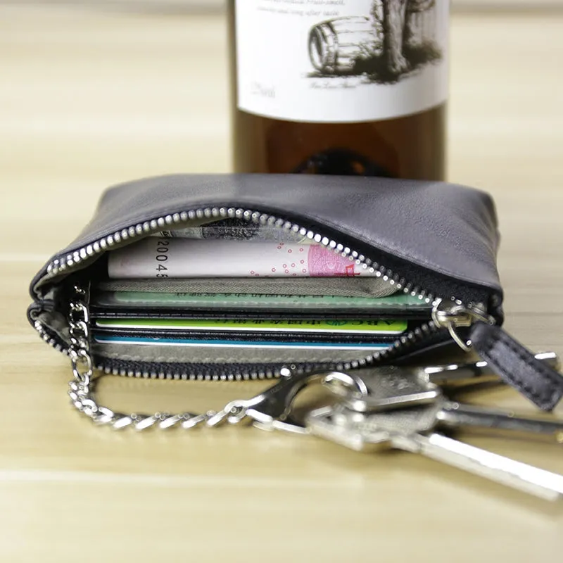 Cute Women Navy Leather Mini Zip Billfold Wallet with Keychain Coin Wallet Small Zip Change Wallet For Women
