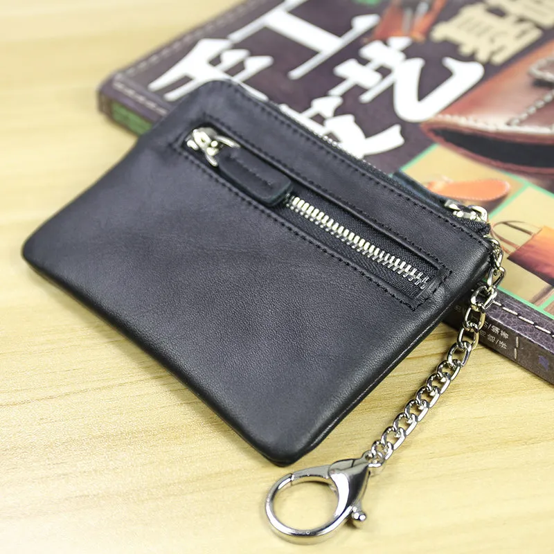 Cute Women Navy Leather Mini Zip Billfold Wallet with Keychain Navy Coin Wallet Small Zip Change Wallet For Women