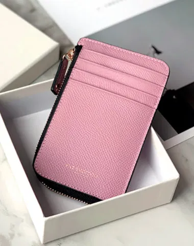 Cute Women Pink Leather Slim Round Card Holder Card Wallet Zipper Change Wallet For Women