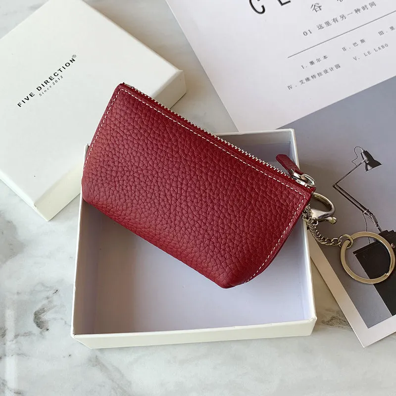 Cute Women Red Leather Small Change Wallet Keychain with Wallet Zipper Coin Wallet For Women