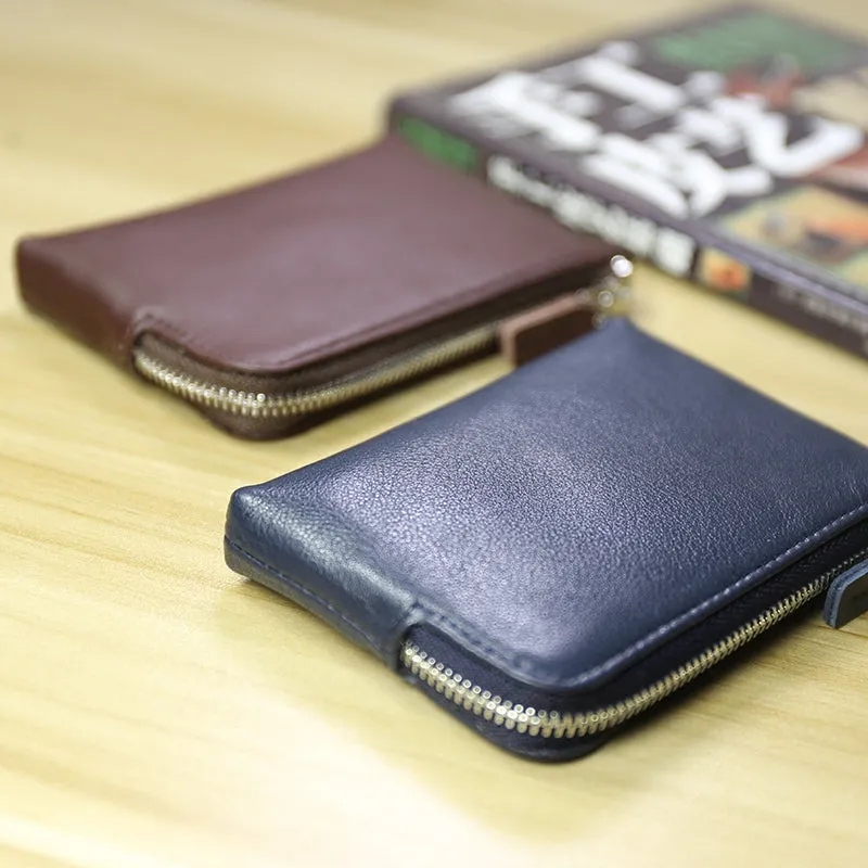Cute Women Slim Navy Leather Mini Zip Coin Wallet Billfold Small Zip Change Wallet For Women