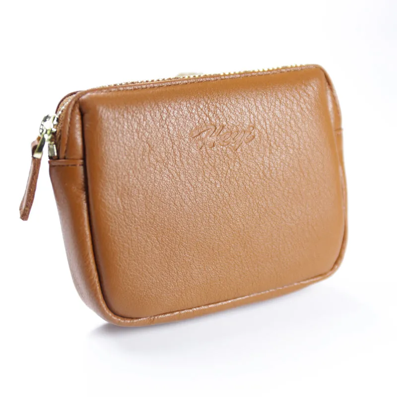 Cute Women Tan Leather Mini Zip Billfold Wallet Coin Wallet Small Zip Change Wallets For Women