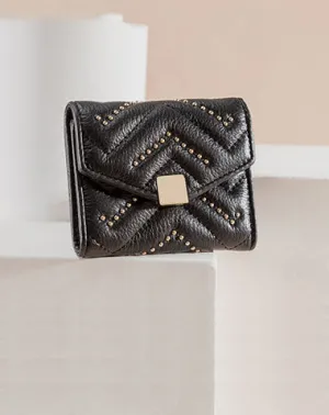 Cute Womens Black Leather Small Wallet with Rivets Billfold Slim Small Wallet For Women