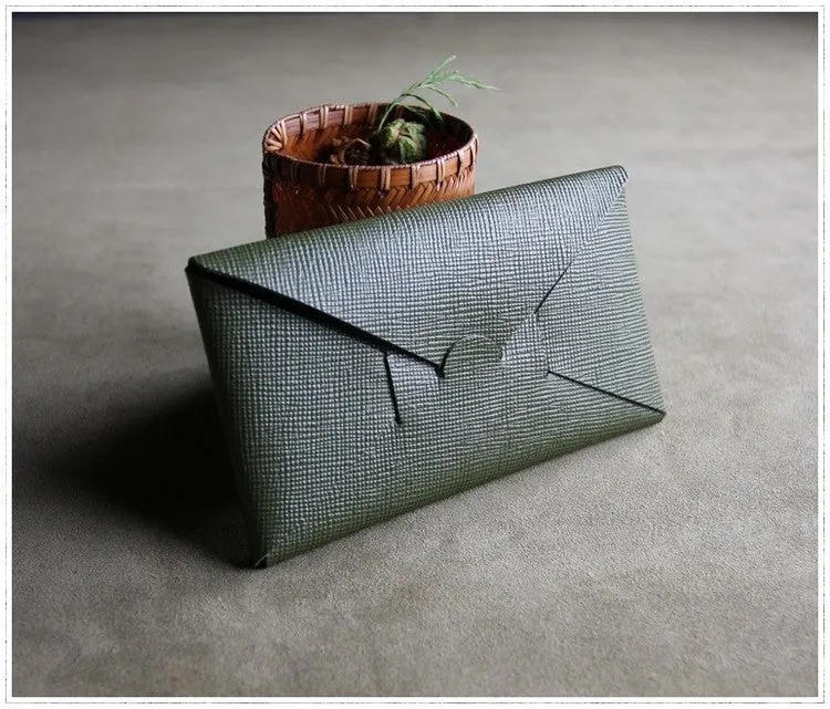 Cute Womens Dark Green Leather Envelope Wallet Slim Clutch Purse Checkbook Long Wallet for Women