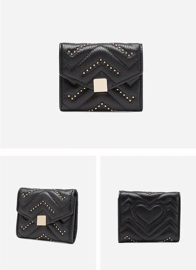 Cute Womens Gray Leather Small Wallet with Rivets Billfold Slim Small Wallet For Women