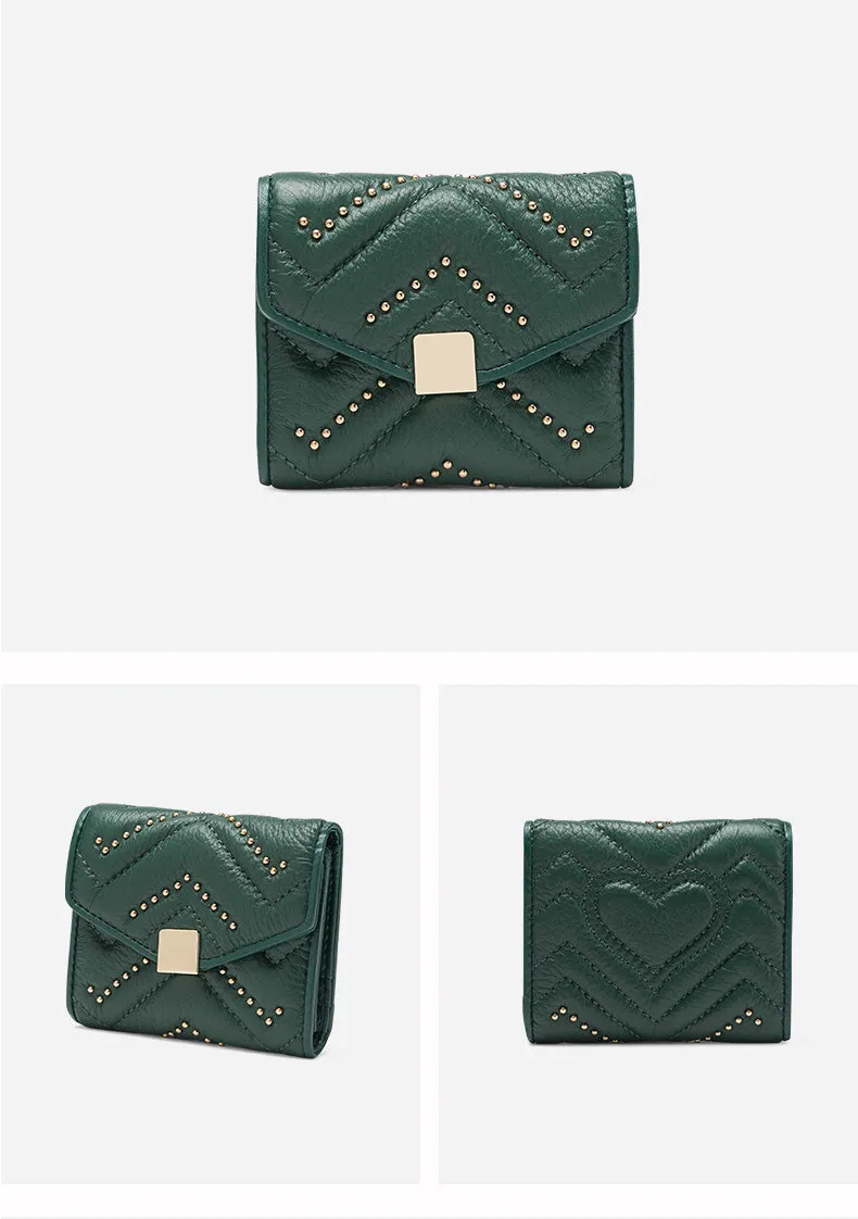 Cute Womens Leather Small Wallet with Rivets Billfold Slim Small Wallet For Women