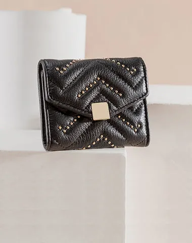 Cute Womens Leather Small Wallet with Rivets Billfold Slim Small Wallet For Women